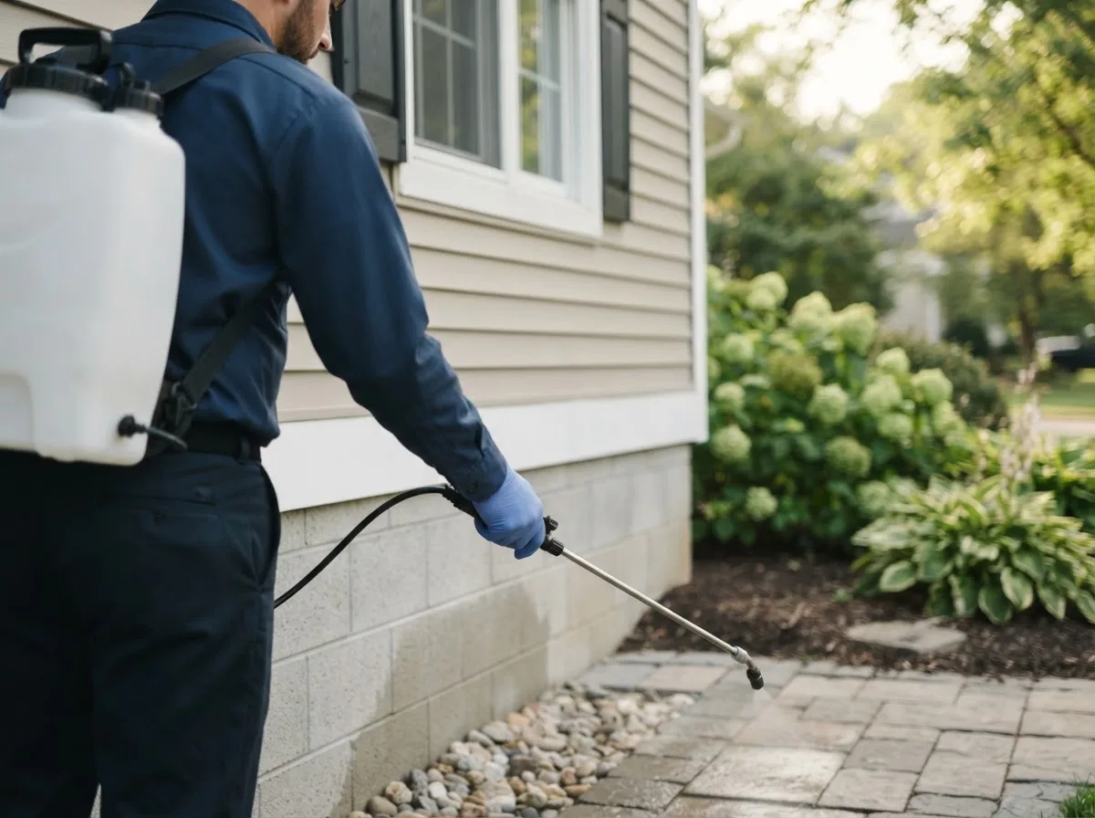 Pest control technician inspecting a home in Willow Island, NE